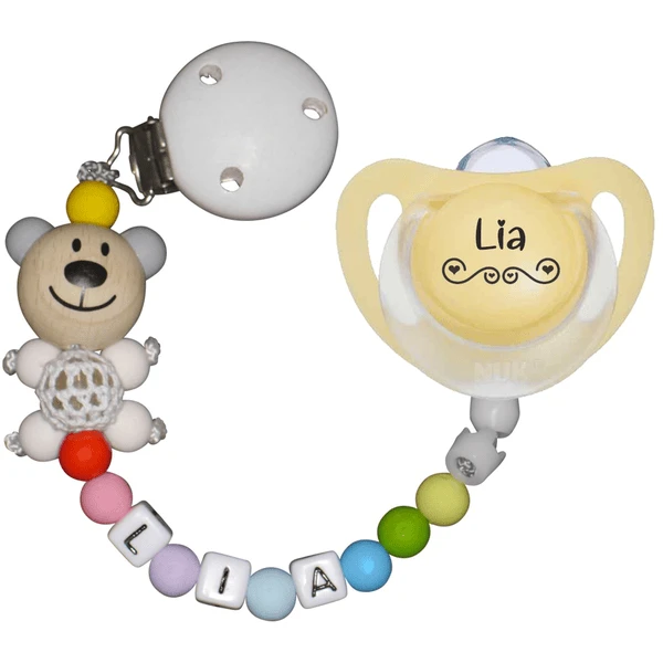 Schnullireich Schnullerkette Mit Namen Häkelbär+NUK Schnuller 0-6 Mon. Gelb 1 Schnullireich Schnullerkette Mit Namen Häkelbär+NUK Schnuller 0-6 Mon. Gelb