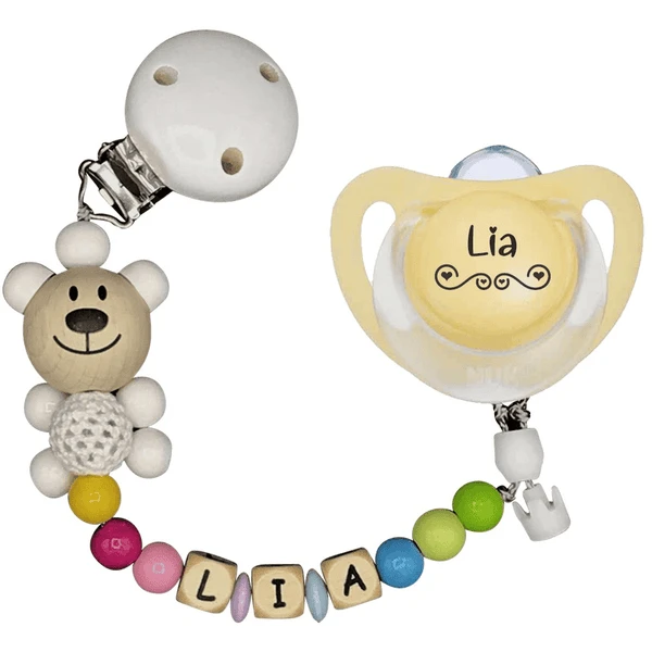 Schnullireich Schnullerkette Mit Namen Häkelbär+NUK Schnuller 0-6 Mon. Gelb 1 Schnullireich Schnullerkette Mit Namen Häkelbär+NUK Schnuller 0-6 Mon. Gelb